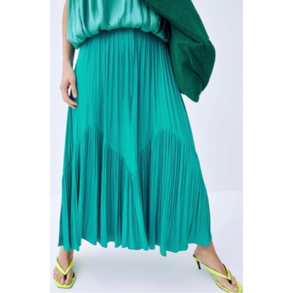 ZARA | Turquoise Satin Effect Midi Skirt, Size Small